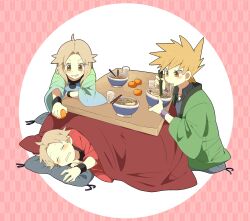  2boys alternate_costume bad_id bad_pixiv_id blue_oak bowl brown_hair chopsticks drooling eating female food fruit highres holding holding_bowl holding_chopsticks kotatsu leaf_(pokemon) long_hair mandarin_orange multiple_boys noodles pokemon pokemon_frlg pumpkinpan red_(pokemon) sleeping smile table unworn_headwear 