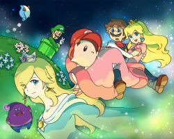  chiko_(mario) crown earrings facial_hair flower hat horubein jewelry lubba luigi luma mario mario_(series) moustache nintendo outer_space overalls princess_peach rosalina rosalina_(mario) rosetta_(mario) smile super_mario_bros. super_mario_galaxy super_mario_galaxy_2 v warp_pipe yoshi 