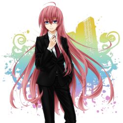  adjusting_clothes adjusting_necktie ahoge bespectacled blue_eyes business_suit commentary_request female formal glasses hand_in_pocket highres kirita_asami long_hair looking_at_viewer megurine_luka necktie pant_suit pants pink_hair smile solo suit very_long_hair vocaloid 