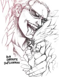  1boy boa character_name donquixote_doflamingo feather_boa graphite_(medium) male male_focus monochrome one_piece open_mouth pencil_(medium) rhymee shichibukai short_hair solo sunglasses tongue tongue_out traditional_media 