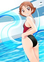  ass back bad_id bad_pixiv_id breasts brown_hair ceiling competition_swimsuit cowboy_shot dutch_angle female grin hand_on_own_hip indoors lane_line lights looking_at_viewer looking_back natsuki_rin one-piece_swimsuit photoshop_(medium) pool poolside precure red_eyes short_hair small_breasts smile solo spiked_hair standing swimsuit tile_ceiling tile_floor tiles wanco_(7200rpm) water yes!_precure_5 