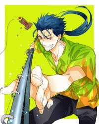  1boy bad_id bad_pixiv_id blue_hair carnival_phantasm cu_chulainn_(fate) cu_chulainn_(fate/stay_night) earrings fate/hollow_ataraxia fate_(series) fishing_rod foreshortening grail-kun hawaiian_shirt jewelry long_hair male_focus official_alternate_costume ponytail ran_(ran_0605) red_eyes shirt solo 