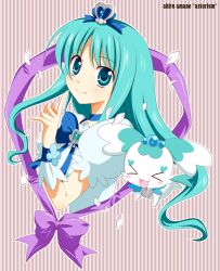  ahiduck blue_choker blue_eyes blue_hair brooch choker coffret_(heartcatch_precure!) commentary_request cure_marine female heart heart_brooch heartcatch_precure! highres jewelry kurumi_erika long_hair looking_at_viewer magical_girl petals photoshop_(medium) precure ribbon smile solo 