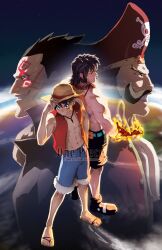  2boys 4boys belt black_hair black_shorts brother brothers brown_eyes chamba epic facial_hair family father father_and_son fire gol_d_roger hand_on_hat hand_on_headwear hat highres jeffrey_cruz jewelry jolly_roger male male_focus monkey_d_dragon monkey_d_luffy moustache multiple_boys necklace one_piece open_clothes open_vest pirate pirate_hat portgas_d_ace red_vest sandals scar shorts siblings smile son straw_hat tattoo topless vest 