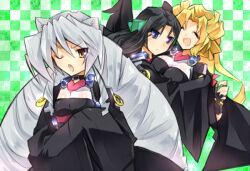  3girls animal_ears black_hair blonde_hair blue_eyes bodysuit cat_ears closed_eyes drill_hair fingerless_gloves gloves gray_hair grey_hair horns kyoukai_senjou_no_horizon kyoukaisenjou_no_horizon long_hair malga_naruze margot_knight multiple_girls nate_mitotsudaira neito_mitotsudaira silver_hair tsuka_(raikousama) tsukamoto very_long_hair yellow_eyes 