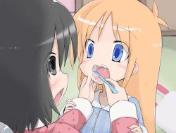  black_hair blue_eyes brushing_teeth grey_eyes hakase_(nichijou) highres lolicon matuken1027 nichijou open_mouth orange_hair pajamas professor_shinonome saliva shinonome_nano toothbrush 