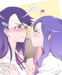  blush book broken_heart glasses heartcatch_precure! kurumi_momoka long_hair multiple_girls negom precure profile purple_eyes purple_hair sweatdrop translation_request tsukikage_yuri yuri 