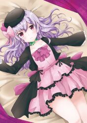  amami_reiko aquarion_(series) aquarion_evol bed_sheet bow choker commentary_request crea_dorosera dress female hairbow hat light_purple_hair long_hair lying on_back photoshop_(medium) red_eyes solo 