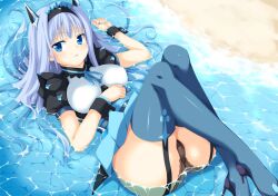  beach blue_eyes blue_thighhighs bracelet commentary_request dodonpachi dodonpachi_saidaioujou dress female garter_straps hair_ornament imuraya_ayuka jewelry legs_up long_hair maid_headdress maria_(saidaioujou) outdoors panties pantyshot partially_submerged photoshop_(medium) purple_hair skirt solo thighhighs underwear water 