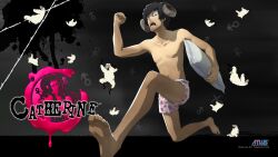  1boy 2011 animal_ears barbed_wire black_hair boxers catherine_(game) copyright_name facial_hair highres horns logo male_focus male_underwear mars_symbol non-web_source official_art official_wallpaper pillow sheep sheep_ears soejima_shigenori solo stubble topless_male underwear venus_symbol vincent_brooks 