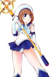  bishoujo_senshi_sailor_moon blue_eyes boots brown_hair commentary_request cosplay female hat jason_(kaiten_kussaku_kikou) knee_boots lyrical_nanoha magical_girl mahou_shoujo_lyrical_nanoha mahou_shoujo_lyrical_nanoha_a&#039;s sailor_mercury sailor_mercury_(cosplay) sailor_senshi_uniform schwertkreuz short_hair simple_background smile solo white_background yagami_hayate 