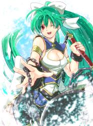  ;d ahoge armband bad_id bad_pixiv_id blush bow brace bracer breasts cleavage cleavage_cutout clothing_cutout female flail green_hair hairbow highres large_breasts long_hair one_eye_closed open_mouth outstretched_arm outstretched_hand photoshop_(medium) pond ponytail red_eyes senri_(yabu-michi) shinrabanshou shizuku_(shinrabanshou) smile solo suirei_no_shizuku_(shinrabanshou) very_long_hair weapon 