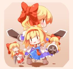  :o alice_margatroid blonde_hair blush boots capelet chibi commentary_request female goliath_doll hairband holding hourai_doll mochinabe photoshop_(medium) polearm shanghai_doll short_hair solid_oval_eyes solo spear sword touhou weapon 