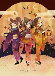  2011 3girls animal_ears bad_id bad_pixiv_id bat_(animal) black_hair blonde_hair blue_eyes brown_hair cat_ears egasumi geta halloween happy_halloween hood jack-o&#039;-lantern japanese_clothes kimono multiple_girls original pumpkin purple_eyes tobi_(kotetsu) twintails 