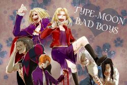  6+boys black_hair blonde_hair blood blood_from_eyes commentary_request company_connection crossover fate/zero fate_(series) gilles_de_rais_(caster)_(fate) intestines jacket kara_no_kyoukai male_focus melty_blood michael_roa_valdamjong multiple_boys orange_hair red_eyes red_jacket shirazumi_lio tohno_shiki_(2) torinoko_tamago tsukihime type-moon uryuu_ryuunosuke wallachia white_hair 