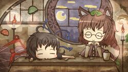  2girls akihiyo animal_ears asymmetrical_wings black_hair blush_stickers brown_hair candle chibi closed_eyes commentary_request fire futatsuiwa_mamizou glasses houjuu_nue kotatsu leaf leaf_on_head moon multiple_girls raccoon_ears raccoon_tail sitting table tail touhou ufo wings 