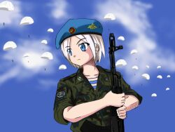  ak-74m assault_rifle beret copyright_request erica_(naze1940) female gun hat kalashnikov_rifle military military_uniform parachute photoshop_(medium) rifle russia shirt solo striped_clothes striped_shirt telnyashka uniform vdv weapon 