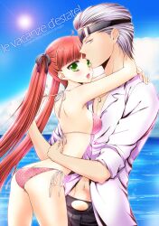  1boy arcana_famiglia ass bikini commentary_request couple debito dress_shirt felicita female from_side green_eyes hair_ribbon halterneck hug italian_text long_hair mika_mikan mutual_hug polka_dot polka_dot_bikini red_hair ribbon shirt short_hair side-tie_bikini_bottom straight string_bikini swimsuit twintails untying white_hair 