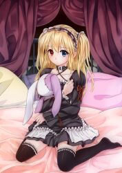  bed bed_sheet black_thighhighs blonde_hair blue_eyes boku_wa_tomodachi_ga_sukunai choker commentary_request female gothic_lolita hairband hasegawa_kobato heterochromia highres hwaryeo lolita_fashion lolita_hairband red_eyes sitting skirt solo stuffed_animal stuffed_rabbit stuffed_toy thighhighs two_side_up wariza 