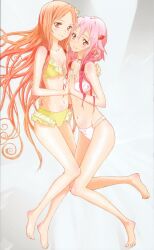  2girls absurdres artist_request bare_shoulders barefoot blush bra collarbone full_body guilty_crown hair_ornament hairclip highres holding long_hair long_legs looking_at_viewer multiple_girls ouma_mana palms_together panties photoshop_(medium) pink_hair sidelocks underwear underwear_only very_long_hair wavy_mouth yuri yuzuriha_inori 