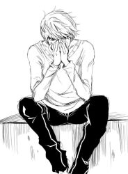  1boy commentary_request crossover death_note fusion greyscale hands_on_own_face l_(death_note) male_focus monochrome narukami_yuu pants persona persona_4 sitting solo suta_furachina sweater 