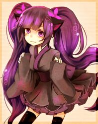  animal_ears at2. blunt_bangs blush commentary_request enderman female frills hair_ornament japanese_clothes long_hair looking_at_viewer minecraft original personification purple_eyes purple_hair simple_background socks solo thighhighs twintails very_long_hair wavy_mouth zettai_ryouiki 