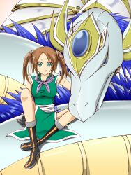  boots brown_hair china_dress chinese_clothes commentary_request dragon dragon_quest dragon_quest_iii dress eastern_dragon female fighter_(dq3) fingerless_gloves gloves green_eyes hair_ribbon highres kairyuuha ribbon scarf short_twintails smile twintails 