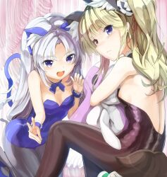  2girls :d animal_ears black_leotard blonde_hair blue_eyes blue_leotard blush boku_wa_tomodachi_ga_sukunai cat_ears cat_tail commentary_request detached_collar hasegawa_kobato heterochromia holding kittysuit leotard long_hair metallican multiple_girls nontraditional_playboy_bunny oerba_yun_fang open_mouth pantyhose photoshop_(medium) sitting smile stuffed_animal stuffed_rabbit stuffed_toy tail takayama_maria white_hair wrist_cuffs 