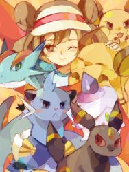  ;) blush brown_eyes brown_hair dewott double_bun female hair_bun litwick o_bi_me one_eye_closed pokemon pokemon_(creature) pokemon_bw2 raglan_sleeves raichu red_wings rosa_(pokemon) salamence smile umbreon wings 