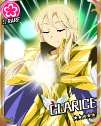  armor blonde_hair card_(medium) card_parody character_name cinderella_girls_card_parody clarice_(idolmaster) closed_eyes commentary_request cosplay female flower flower_(symbol) gold_armor gold_saint idolmaster idolmaster_cinderella_girls painttool_sai_(medium) parody saint_seiya solo takeya_yuuki trait_connection virgo_shaka virgo_shaka_(cosplay) 