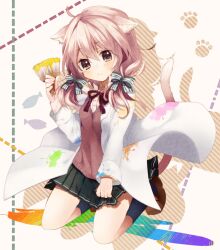  animal_ears bad_id bad_pixiv_id cat_ears cat_tail female hair_ribbon holding kneeling lab_coat nochita_shin original paint paintbrush paw_print pink_hair ribbon skirt solo sweater_vest tail trim_brush yellow_eyes 