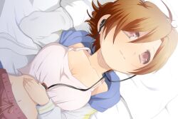  breasts brown_eyes brown_hair cleavage digital_media_player earphones female from_above listening_to_music lying medium_breasts meiko_(vocaloid) on_back short_hair smile solo vocaloid we53_(wagnar) 