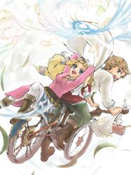  1boy back-to-back bad_id bad_pixiv_id belt bicycle blonde_hair blue_eyes female link long_hair multiple_riders photoshop_(medium) princess_zelda smile the_legend_of_zelda the_legend_of_zelda:_skyward_sword warami 