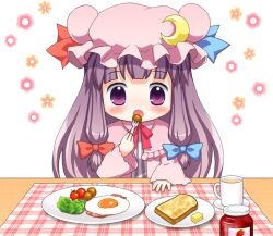  bacon bebeneko bread bread_slice breakfast butter chibi commentary_request cup eating egg female food fork holding holding_fork jam lettuce moon mug patchouli_knowledge photoshop_(medium) plate purple_eyes purple_hair saucer solo tablecloth toast tomato touhou 