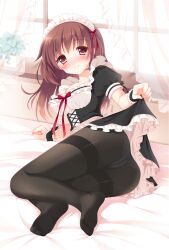  ass bad_id bad_pixiv_id black_pantyhose blush breasts brown_eyes brown_hair clothes_lift commentary_request crotch_seam curtains feet female kokoa-chan_(pan_(mimi)) lace lace-trimmed_panties lace_trim light long_hair looking_at_viewer lying maid maid_headdress medium_breasts no_shoes on_side original pan_(mimi) panties panties_under_pantyhose pantyhose photoshop_(medium) plant potted_plant skirt skirt_lift smile solo stairs thighband_pantyhose transparent underwear window 