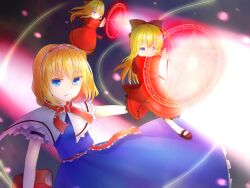  alice_margatroid black_background blonde_hair blue_dress blue_eyes book bow capelet commentary_request dress female greek_text hairband hairbow hourai_doll kneehighs laser looking_at_viewer magic_circle mary_janes outstretched_arm parted_lips pentagram red_dress reina_(tyty123) ribbon sash shoes short_hair socks touhou 