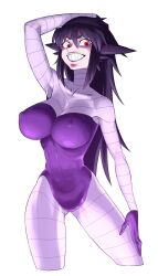  bad_id bad_pixiv_id black_hair breasts cleavage covered_nipples crazy_eyes cropped_legs female gengar grin highres large_breasts leotard long_hair no_bra personification pokemon purple_leotard red_eyes skin_tight smile solo spacezin spiked_hair 