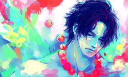  1boy bad_id bad_pixiv_id black_hair closed_eyes faux_traditional_media freckles jewelry looking_down male_focus necklace one_piece photoshop_(medium) portgas_d._ace solo topless_male tsuyomaru 