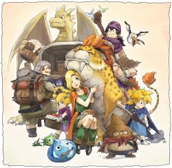  2girls 3boys :d age_difference alcohol apple arm_support backpack bag bandages barrel basket bat_(animal) beer belt bianca_(dq5) bird black_hair blonde_hair blue_eyes blunt_bangs bob_cut boots borongo bow bracelet braid brother_and_sister brown_hair brownie_(dragon_quest) buckle cape chimaera_(dragon_quest) claws closed_eyes commentary_request crate dracky dragon dragon_quest dragon_quest_v dress drink earrings eating facial_hair family father_and_daughter father_and_son feline foam food fruit full_body fur_trim gloves grass great_dragon green_eyes ground_vehicle hair_tie hairbow hammer headpat hero&#039;s_daughter_(dq5) hero&#039;s_son_(dq5) hero_(dq5) highres holding holding_weapon hood horns jewelry liquid_metal_slime_(dq) lolicon long_hair looking_at_another looking_at_viewer looking_down low_ponytail mask monster mother_and_daughter mother_and_son moustache multiple_boys multiple_girls neck_ring open_mouth over_shoulder photoshop_(medium) ponytail riding sancho short_hair shorts siblings single_braid slime_(dragon_quest) smile spiked_hair staff standing sword tent_(pabell) torn_clothes turban twins wagon weapon weapon_over_shoulder 