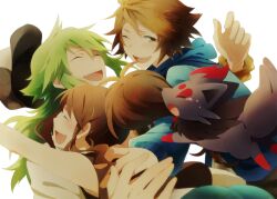  2boys ^_^ bad_id bad_pixiv_id baseball_cap blush bracelet brown_eyes brown_hair closed_eyes female glomp green_hair hair_between_eyes happy hat hat_loss hilbert_(pokemon) hilda_(pokemon) hood hoodie hug jacket jewelry jumping kazu_sanbon laughing long_hair long_sleeves multiple_boys n_(pokemon) no_headwear one_eye_closed open_mouth photoshop_(medium) pokemon pokemon_(creature) pokemon_bw ponytail shirt sideways_mouth simple_background sleeveless tears teeth unworn_hat unworn_headwear vest wavy_hair white_background white_shirt wristband zorua 