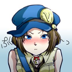  blue_eyes blush brown_hair cabbie_hat choker commentary_request female hat lock marie_(persona_4) necktie persona persona_4 persona_4_the_golden photoshop_(medium) portrait pout short_hair solo tokiwa_(mukoku) 