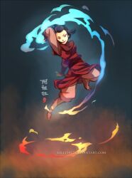  avatar:_the_last_airbender avatar_legends azula black_hair blue_fire chinese_clothes commentary english_commentary female fire jumping kellylee lipstick makeup solo topknot yellow_eyes 