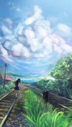  bad_id bad_pixiv_id black_hair bn-227@pft chitanda_eru cloud day female highres hyouka kamiyama_high_school_uniform_(hyouka) long_hair outdoors photoshop_(medium) railroad_signal railroad_tracks scenery school_uniform serafuku sky solo 