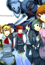  2boys 4girls aegis_(persona) android aqua_eyes aqua_hair armband bad_id bad_pixiv_id blonde_hair blue_eyes blue_hair bon_(satz) bow brown_eyes brown_hair choker digital_media_player gekkoukan_high_school_uniform hat headphones iori_junpei multiple_boys multiple_girls persona persona_3 persona_3_portable red_eyes ribbon school_uniform shiomi_kotone short_hair smile thanatos_(persona) yamagishi_fuuka yukari_takeba yuuki_makoto_(persona_3) 