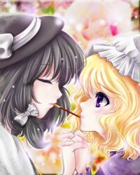  2girls black_hair blonde_hair blurry bow closed_eyes commentary_request depth_of_field eyelashes floral_background food hairbow hat hat_ribbon holding_hands interlocked_fingers light_particles lips looking_at_another maribel_hearn multiple_girls pocky pocky_kiss profile purple_eyes ribbon shared_food short_hair touhou tsukiori_sasa usami_renko yuri 