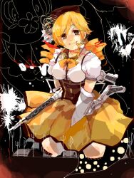  beret blonde_hair charlotte_(madoka_magica) cut-here_line detached_sleeves dotted_line drill_hair female gun hair_ornament hat magical_girl magical_musket mahou_shoujo_madoka_magica mahou_shoujo_madoka_magica_(anime) mami_mogu_mogu rifle skirt smile tegaki tomoe_mami tomoe_mami_(magical_girl) twin_drills twintails weapon yellow_eyes 