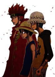  black_hair epic eustass_captain_kid facial_hair frown fur_jacket goatee goggles hat hood hoodie jolly_roger male male_focus monkey_d_luffy multiple_boys one_piece pirate profile raglan_sleeves red_hair sabaody_archipelago straw_hat supernova tattoo trafalgar_law vest white_background 