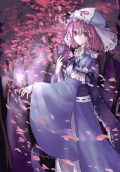  bug butterfly chinese_commentary commentary_request female frills hand_fan hat highres hug_(yourhug) long_sleeves obi petals pink_eyes pink_hair saigyouji_yuyuko saigyouji_yuyuko&#039;s_fan_design sash shippou_(pattern) short_hair solo touhou triangular_headpiece wide_sleeves 