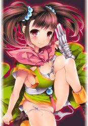  bad_id bad_pixiv_id black_hair bottomless breasts brown_eyes claw_(weapon) dragon_quest dragon_quest_iii female fighter_(dq3) gauntlets hair_ornament huge_breasts kotoji sitting solo torn_clothes twintails weapon 