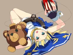  1boy aqua_eyes blonde_hair bridget commentary cross cuffs fingerless_gloves gloves guilty_gear guilty_gear_xx habit handcuffs male_focus masin0201 nun otoko_no_ko ribbon roger_(guilty_gear) stuffed_animal stuffed_toy yo-yo 